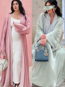 Roupas étnicas Ramadã 2024 luxo de cetim brilhante aberta quimono abaya dubai batwing manga abayas para mulheres vestido muçulmano islâmico kaftan