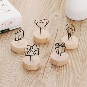 5pcs Round Wooden Base Card Holder Photo Clips Picture Holder Frame Message Paper Support Memo Card Desktop Ornament Note Holder