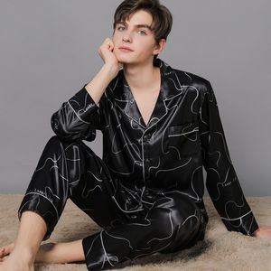 Black Letter Pajama Sets Man Silk Satin Print Floral Sleepwear Autumn Winter Long Sleeve Nightwear Suit Men Pyjamas Home Clothes