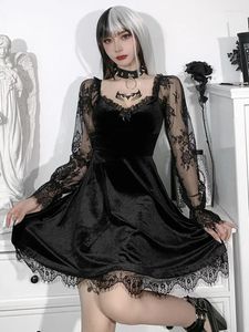Casual klänningar svart gotisk lolita stil klänning för kvinnor spets trim hög midja bodycon vestidos e-tjej 90-tal vintage punk harajuku grunge