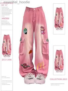 Women's Jeans American Retro Cartoon Embroidery Pink Tool Jeans Womens High Street Design Loose Straight Wide Leg Pants Washed Cloth in 1988 C240411