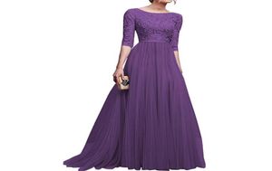 Zebery Fashion Midsleeve Oneck Lace Chiffon Banquet Dress Woman Wedding Bridesmaid Floorlength Ball Lange Dress Lace Vestido6095698