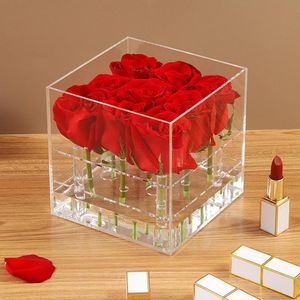 Akrylblomma Vase Square Clear Eternal Flower Box Rose Gift Box With Holes Water Storage Flower Arrangement Vase Wedding Decor