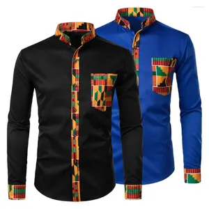 Men's Casual Shirts Men Long Sleeve Shirt Stylish Slim Fit Stand Collar With Print Contrast Color Checkered Splice For