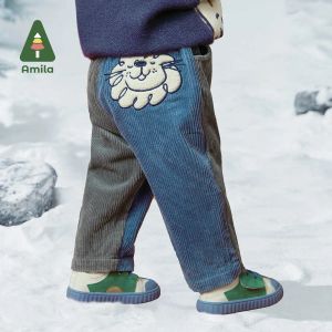 Calça calça amila calça 2022 inverno novos meninos e meninas moda moda retchwork velado calça casual calças de desenho animado