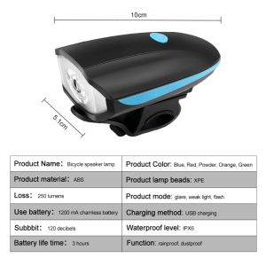 Bicycle Front Light With Bike Horn USB Rechargeable Lantern Bike Front Lamp Cycling Flashlight Electronic Bell Bike Accessories