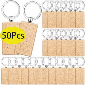 Keychains 50Pcs Wooden Keychain Rectangle Wood Blanks Key Chain Unfinished Ring Blank Tag For DIY Gift Crafts