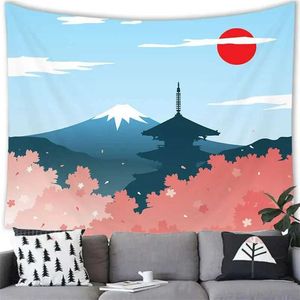 Hängande tapisserier japansk stil Cherry Tapestry Pink Cartoon Flower Cherry Mount Fuji Tapestry Bedroom Decoration Bakgrund Väggdekor R0411