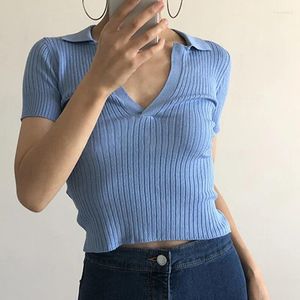 Kadın Polos Kısa Kollu Yakalı mahsul üstü Kadınlar için Down Dönüşlü Kaburga Dizisi Tişört Yaz Teengirl Y2K Kıyafet