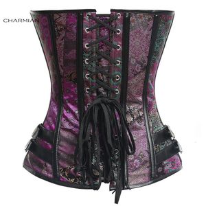 Charmian steampunk gorset kobiety gotycka sztuczna skóra plus stal stalowy boned overbust bustier gorset top brokat Halloween ubrania