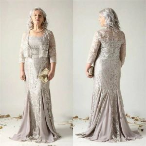 2024 Elegant Mother Of The Bride Dresses With Jacket Lace Appliqued Evening Gowns Scoop Neck Sweep Train Plus Size Wedding Guest Dress