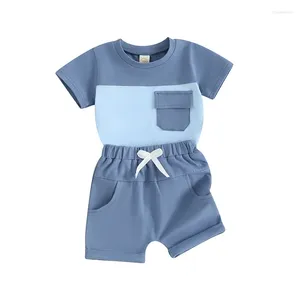 Giyim Setleri Bebek yürümeye başlayan çocuk erkek bebek yaz kıyafetleri renk bloğu kısa kollu tshirt cep katı şortlar seti 2 adet gündelik kıyafetler