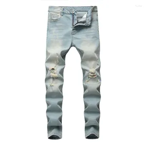 Jeans masculinos empilhados rasgados algodão esticado de rua retro azul branco calça jeans angustiada namorado cool punk calça fit slim