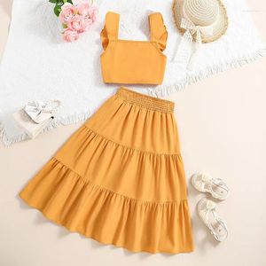 Clothing Sets Children's Top And Bottom Clothes Set Solid Yellow Short-Sleeved Splice Skirt Summer Designed Classic Fashion Party Casual