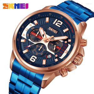 Armbandsur Skmei Men's Shiite äkta skydd Rostfritt stål Rem Stor pekarstruktur Blue Black Stopwatch Chronograph 9332