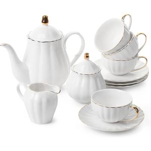 Classic tea set 13 pcs Cups 7oz Pot 32oz Creamer and Sugar Set Porcelain Tea White 240411