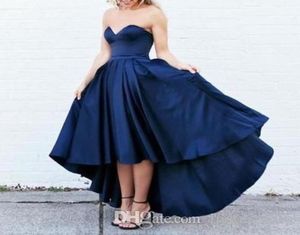 High Low Satin Prom Dresses Short Front Long Back Navy Evening Party Formell klänningar Sweetheart Bridesmaid Dress8202200