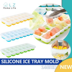 Reutilizável 14 Cavidade Cubo de gelo Bandeja de silicone Caixa de gelo criativa Silicone mais molde de gelo com tampa Caixa de congelador de suco de frutas