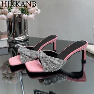 Slippers Square Tee Open Open for Women Crystal Decoration Slim Fit High Heel Sandals Summer Outdoor Party Dress Shoes 2024