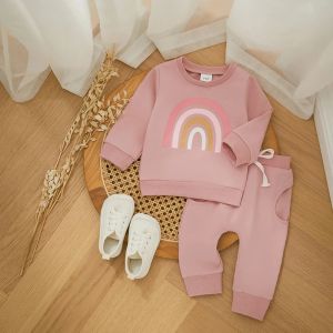 Trousers Two pieces Kids Suit Autumn Baby Girls Boys Outfits Cute Rainbow Print Long Sleeve Sweatshirt Top Pants Set For Toddler Clothes