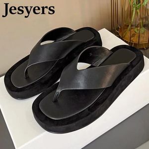 Slippers Open Toe Women's Square Head Genuine Leather Sandals Women Lazy Flip-flops Summer Outdoor Holiday Beach Shoes 2024