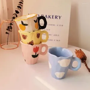 Mugs 1pcs Ceramic Cup Hand Kneading Coffee Mug High Color Value Bear Tulip Flower Cute Clouds Children's Breakfast Milk Water