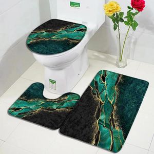 Bath Mats Emerald Green Marble Mat Set Gold Line Black Textured Pattern Modern Geometric Bathroom Decor Non-slip Rug Toilet Lid Cover