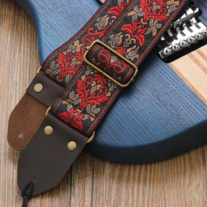 Hanger Vintage Flowers Guitar Strap Genuine Leather Head Stripes Bohemia Style Woven Embroidery Fabrics