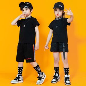 Barn coola street slitage kläder kpop hip hop kläder svart t shirt topp shorts för tjej pojke jazz dance kostymer danicng kläder