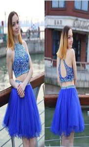 Short Homecoming Dresses Jewel Crystal Beaded Two Pieces Sexy Sleeveless Royal Blue Tulle Aline Cheap Cocktail Dresses Party9327036