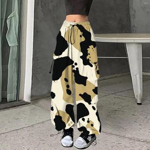 Kvinnors byxor lasttryck Hip Hop Wide Leg Trousers Drawstring Casual Long Sweatpants for Ladies Baggy Jogger Sport Pocket