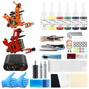 Supplies Professional Complete Tattoo Kit Tattoo Hine Gun 6pc Tattoo Inks with Power Supply Accessories Needles Body Diy Art Tools