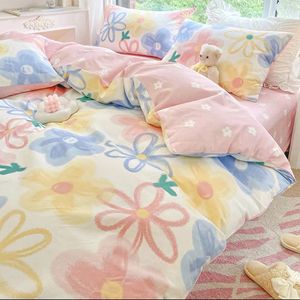 INS Korean Style Pink Rose Bedding Set Twin Full Queen King Size Bed Linen Girls Floral Bed Flat Sheet Pillowcase Kawaii
