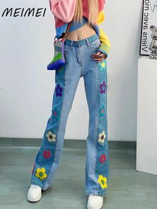 Женские джинсы 2024 Лето Y2K цветочные вышиты с высокой талией.