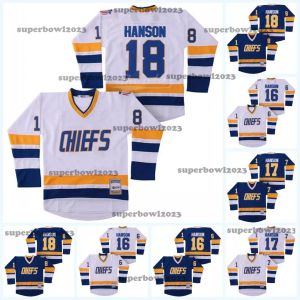 16 Jack Hanson Charlestown Chiefs Jersey, Männer Hanson Bruder Slap Schuss 100% genähte Stickereien Hockey Trikots Blue White