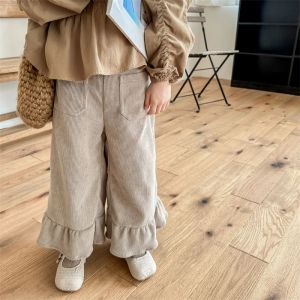 Spodnie koreańskie dzieci dziewczęta Flare spodnie Vintage Corduroy żebrowane dzieci szerokie nogi spodnie jesienne zimowe ciepłe spodnie dziecięce ubrania 16 years