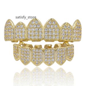 Hip Hop Grills Teeth Grillz Gold Color Plated High Quality Tooth Grillz Micro Pave CZ Top Bottom GRILL Mouth Teeth Grills Sets