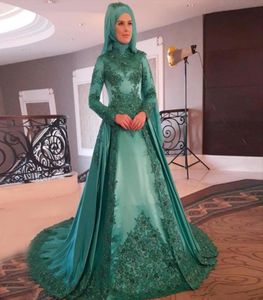 Long Sleeves Muslim Evening Dresses Elegant High Neck Appliques Beaded Lace Satin Green Evening Gowns Formal Prom Dresses Sweep Tr8139196