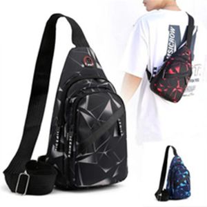 Mens Chest Bag Geometric Pattern Oxford Cloth Adjustable Zipper Fashion With Earphone Hole 240402