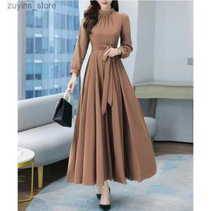 Abiti casual di base Plus size Autunno primaverile Maxi Abiti femminile Vintage Full Full Solid Casual Chiffon Woman Woman Bohemian Long Dresses L49