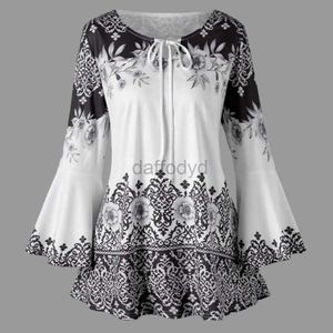 Women's Blouses Shirts Women Top Soft Women Top Flower Print A-line Blouse Stylish Horn Sleeve Slim Fit Waist Lace Up Detail for Womens Spring Fall 240411