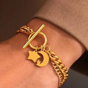 Link Bracelets Stainless Steel Elegant Star Moon Pendant Double Cuban Chain Classic Fashion