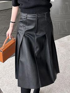 Skirts Vintage Black Pleated PU Skirt For Women High Waist Double Pocket Leather Autumn Dark Brown Clothing X665