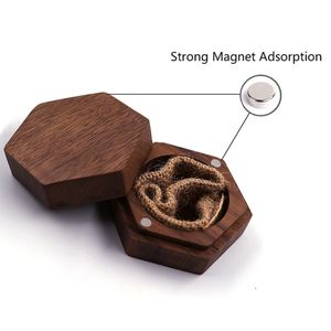 Bröllopsring Box Walnut Pair Ring Storage Packaging Presentlåda Hexagon-formad trälåda örhängen örhängen smycken