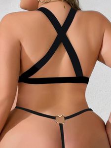 Frauenhöhe sexy Tanga-Metalldekoration auf der Rückseite G-Strings Low-Rise-Kurzzeitkurzer schwarzer Unterwäsche