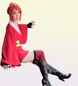 Halloween Japan Anime Mulheres Gintama Kagura Costume de Cosplay Kimono Dress Diform Uniform Cloak Full Set Size 1301552