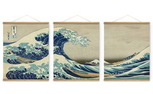 3Pcs Japan Style The great wave off Kanagawa Decoration Wall Art Pictures Hanging Canvas Wooden Scroll Paintings For Living Room8338077