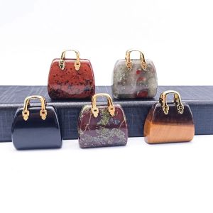 Crystal Mini Handbag Pendant for Women Necklace Armband Natural Stone Amethyst Tiger Eye Lapis Lazuli Powder Dongling Jade