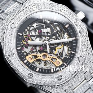 15407 Diamonds Mens Watch مزدوج التوازن العجلة المفتوح أوتوماتيكي الفولاذ المقاوم للصدأ من الفولاذ المقاوم المقاوم المقاوم المقاوم المقاوم المقاوم للصعق