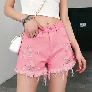 Women Women Pink Risped Shorts High Shorts feminino Pérola Decoração de Denim Lady Allmatch Jeans Streetwear 240411